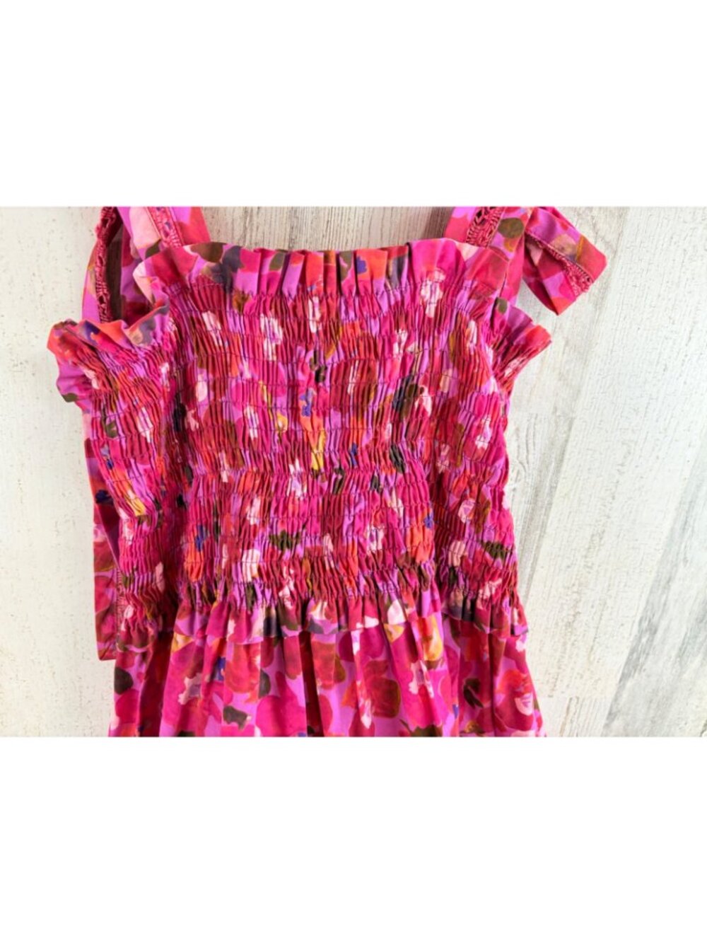 Mi Golondrina Sz L Smocked Midi Dress Pink Floral Mexico - Picture 8 of 16